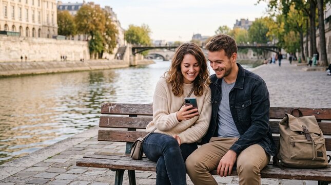 Young couple smiling while looking at a smartphone on a bench by the Seine River in Paris
