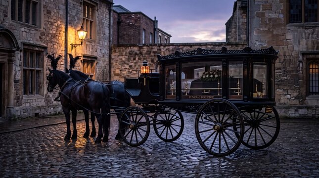 vintage black horse drawn funeral hearse carriage parked on a cobblestone courtyard at dusk