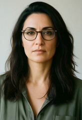 Fototapeta premium Professional empowerment and leadership, confident woman with glasses looking at camera for corporate headshot or business portrait in neutral studio