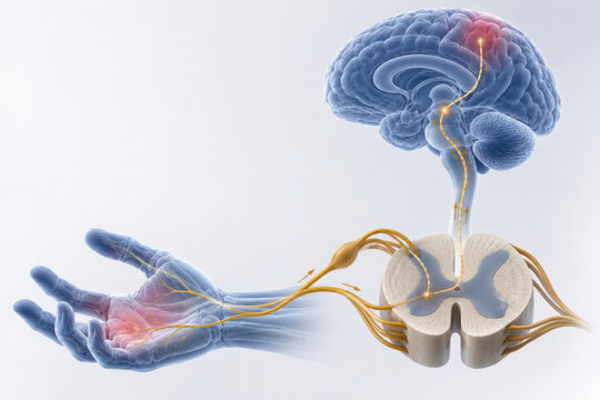 Somatic nervous system illustration showing brain spinal cord and hand with highlighted nerves and pain signals in detailed anatomical view