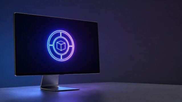 Desktop monitor displaying a purple target around a cube