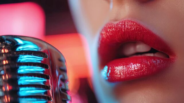 Close-up of a woman's lips with red lipstick parted to sing, next to a microphone against a background of bokeh lights. Live vocals, performances, podcast recordings and pop music concept