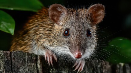 Fototapeta premium An adorable brown antechinus peers from behind weathered wood, its endearing face highlighted in a wildlife close-up that captures its unique charm