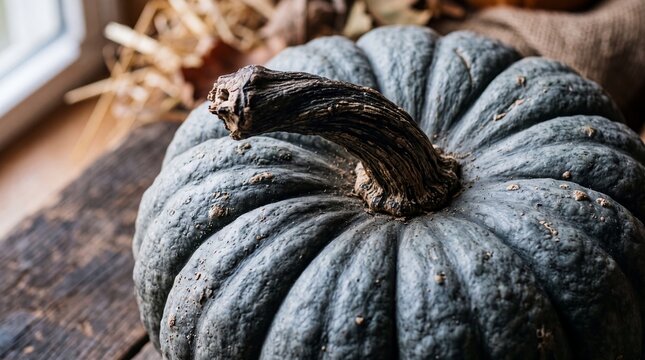 close up of a dark blue green textured pumpkin on a rustic wooden table
