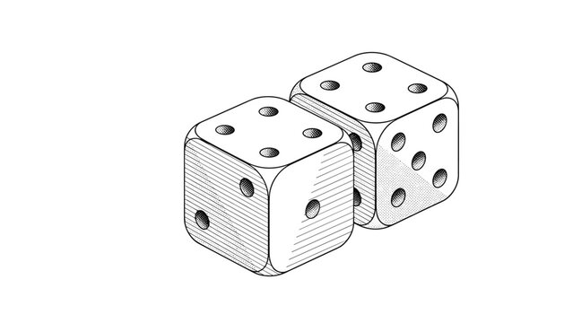 Pair of black and white sketched dice showing four and six dots on their faces representing gaming gambling and chance on a white background.