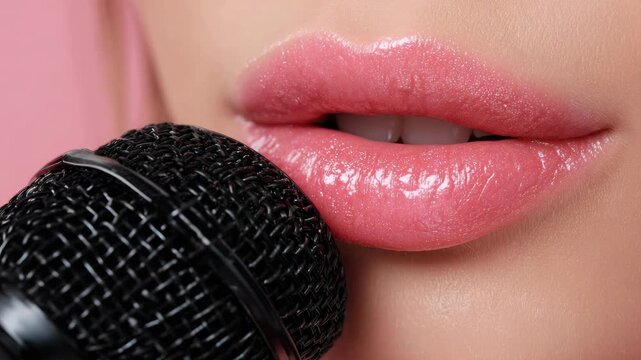 Close-up of a woman's glossy lips and a black metal mesh vocal microphone. Concept of singing, podcast recording, voice-over, karaoke