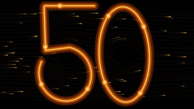 Glowing orange neon number fifty background with flying light particle trails on black