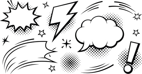 Comic Speech Bubble Lightning Bolt Halftone Pop Art Graphic Elements Line Art Set © Bahadur