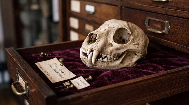 cougar animal skull specimen with sharp teeth on velvet inside an antique museum drawer