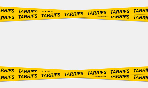 Yellow caution tape with the word tariffs repeated across a light gray background warning barrier hazard repeat pattern
