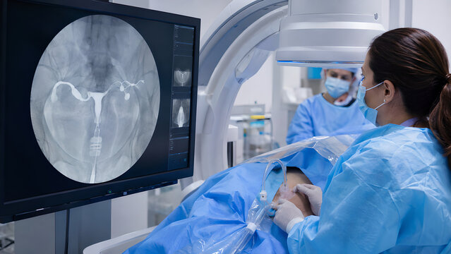 Fallopian tube blockage clinical procedure concept with uterine anatomy, diagnostic imaging and minimally invasive treatment in a professional healthcare setting for medical and patient education