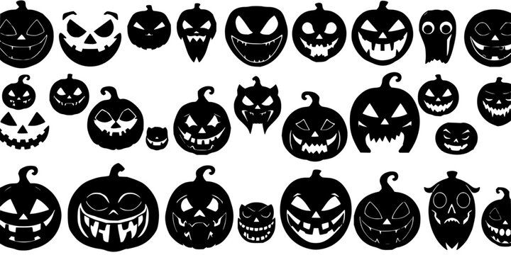 Jack-o'-lantern faces set with 4x6 grid of black silhouette expressions on white background featuring Halloween, jack-o'-lantern, expressions with black silhouette and vector illustration