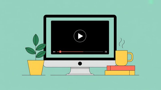 A computer displaying a video player with a play button. Next to the computer are a potted plant, a stack of books, and a steaming mug of coffee, on a light teal background