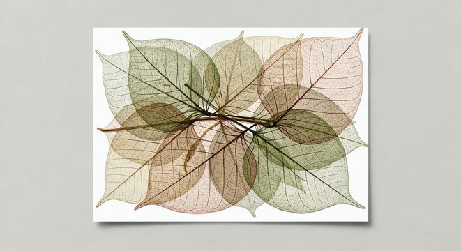 Stack of overlapping green and brown skeleton leaves with detailed natural veins and texture