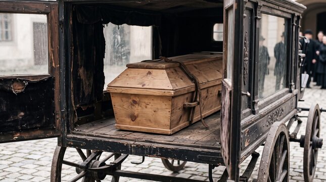 plain wooden coffin secured inside a vintage black horse drawn funeral hearse