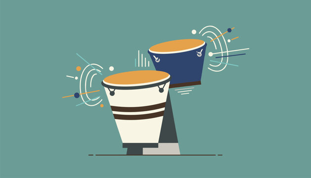 Pair of traditional bongo drums in white and blue colors with rhythmic sound wave lines and dots on a solid teal background.