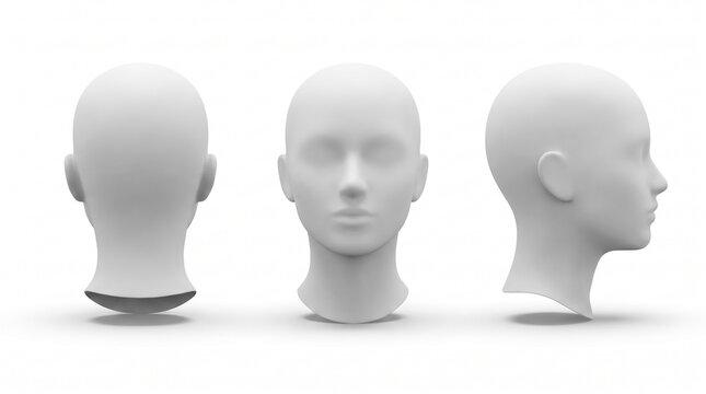 White female mannequin head turnaround 3D model isolated on white background. Front side back view