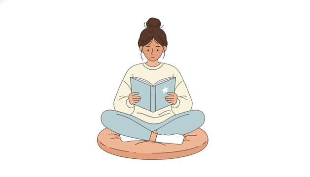 Young woman sitting cross legged on a comfortable floor cushion and focused on reading a blue book with a star on its cover.