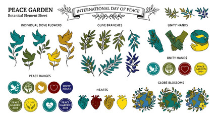 Obraz premium International Day of Peace botanical elements set with doves, olive branches, and earth icons