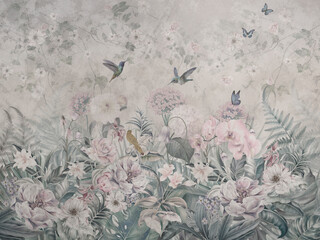 vintage floral background botanical, fresco, mural, wallpaper, garden, birds, watercolor flowers © ARtfoli