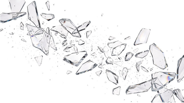 Shattered glass fragments flying in png on isolated transparent background