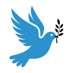 Obraz premium Blue flying dove carrying an olive branch representing peace, hope, reconciliation, harmony, unity, and peaceful relationships in simple vector design.
