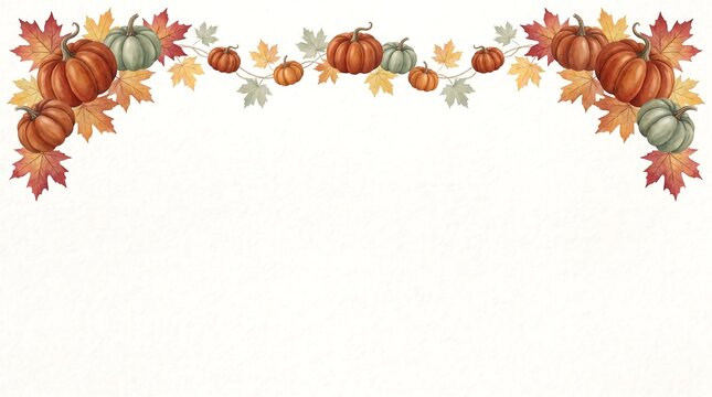 Watercolor autumn garland with pumpkins leaves and berries festive border