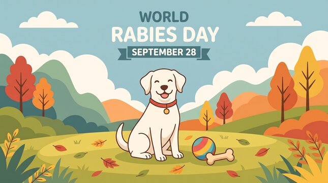 World Rabies Day September 28 banner, cute white dog in autumn park, veterinary health awareness poster with pet illustration