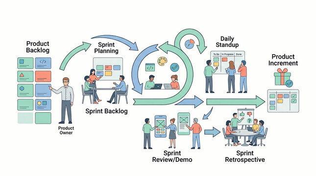 Agile development methodology diagram illustrating the Scrum process flow from product backlog to sprint planning, daily stand-up, sprint review/demo, sprint retrospective, and product increment.