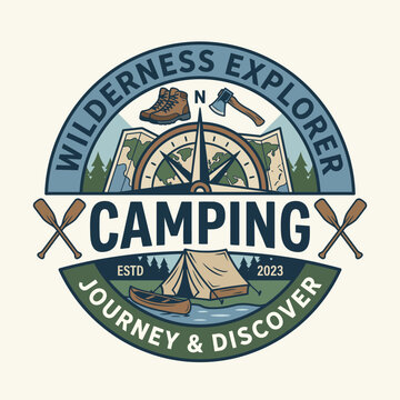 A beautifully crafted logo for Wilderness Explorer Camping, emphasizing adventure and nature, encouraging a journey of discovery in the great outdoors established in 2023.