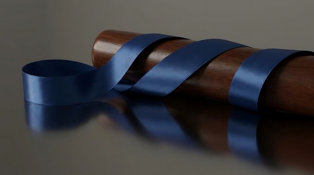 Blue satin ribbon wrapped around dark polished wooden cylinder.