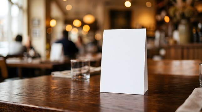 Blank table tent mockup, white menu card on wooden restaurant table, cafe interior