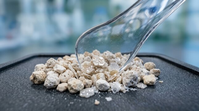 Ceramic granules and crystalline flakes under a glass spatula in a lab sample tray for materials testing and quality analysis.