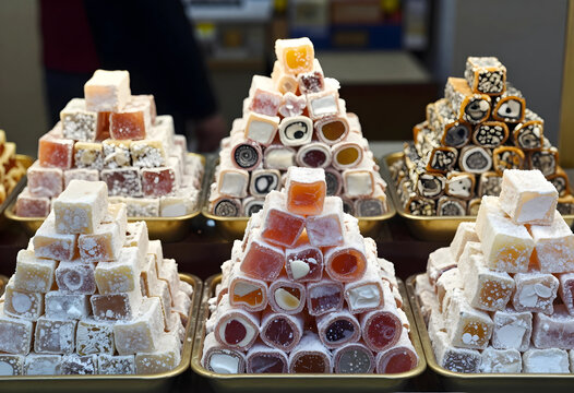 Turkish delight confectionery, traditional middle eastern sweets and gourmet dessert variety stacked in pyramids for sale at a local food market