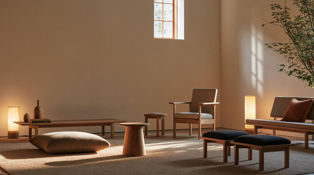 Elevated view of a small quiet room at dusk furnished for rest with warm diffused light and an uncluttered frame