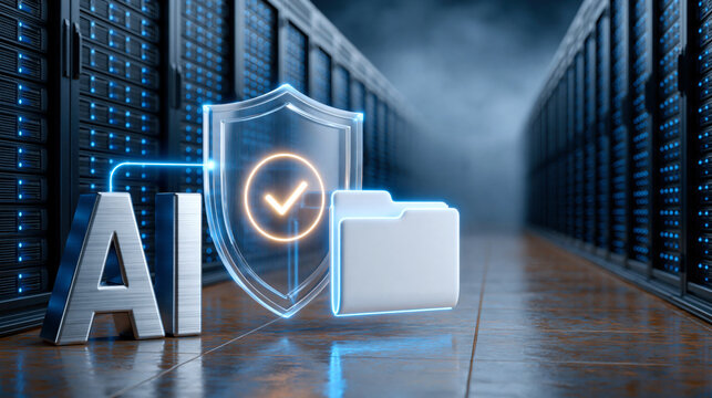 AI security concept with shield, checkmark and folder glowing in server room protecting data integrity and privacy