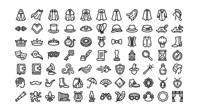 Collection of vintage style icons featuring clothing accessories hats shoes and fantasy medieval symbols on transparent background