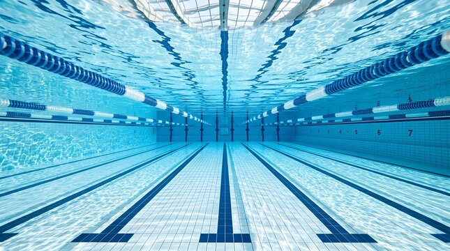 Underwater swimming pool view, olympic pool lanes, blue water background