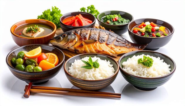 Realistic close-up of hot steamed rice, warm miso soup, grilled fish, and colorful Japanese pickled vegetables (tsukemono), beautifully arranged, isolated on a clean white background.