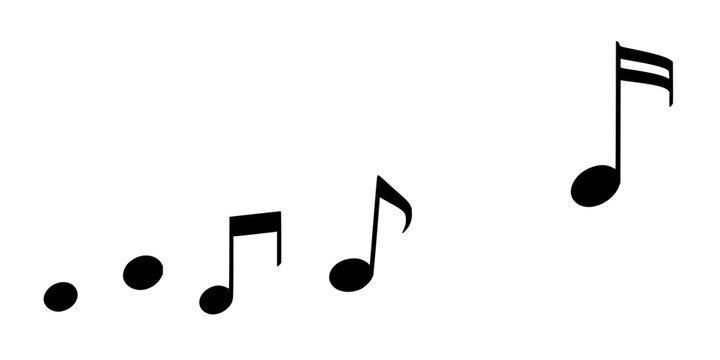 Set of five black musical notes arranged horizontally against a plain white background, rendered in a minimalist vector illustration style. The notes vary in shape and size, including quarter notes...