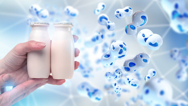Probiotic nutrition, lactobacillus bacteria support fermented dairy products, healthy digestion and beneficial intestinal microflora in yogurt drinks.