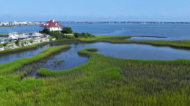 Aerial of Scenic and Beautiful Inlet waterway between Atlantic Beach, NC and Morehead City, NC