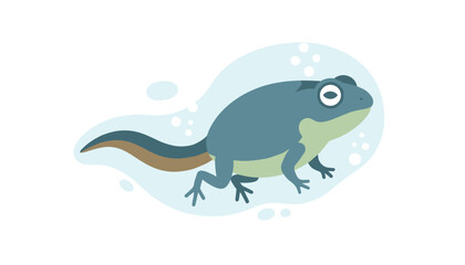 Fototapeta premium Scientific illustration of a blue tadpole in the process of developing its back legs and tail in a clear blue water bubble.
