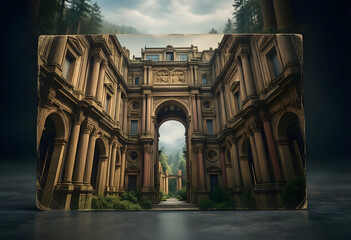Obraz premium Architectural heritage and historical preservation, ancient classical palace courtyard with stone columns and grand archway in a weathered vintage photograph