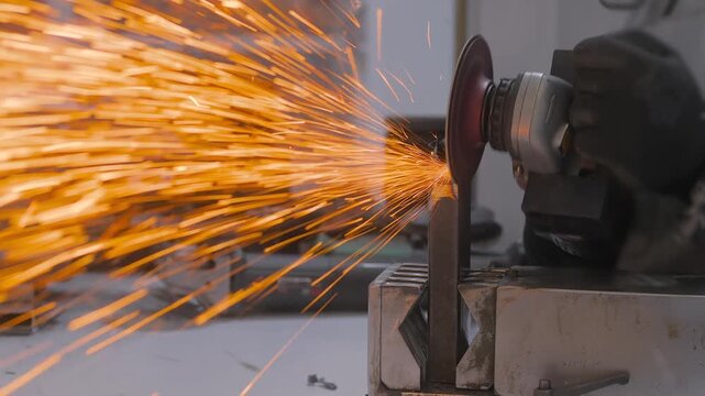 Close up view: angle grinder in worker's hands is processing the metal material surface, producing a lot of sparks. Concept of metalworking, manufacturing, industrial, and equipment