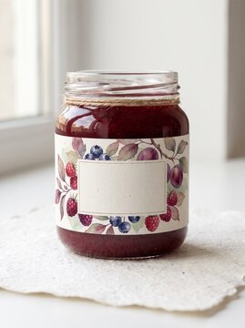 Glass jar of berry jam with watercolor botanical label and twine on white surface