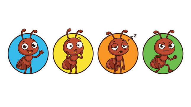 Four adorable cartoon ants are presented with uniquely colored circular backgrounds in a charming and playful illustration style