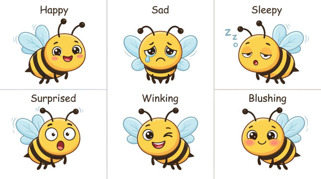 Charming watercolor bee characters showcase a delightful range of emotions including happiness sadness surprise excitement and thoughtful contemplation