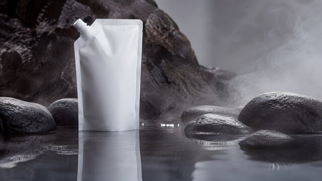 Minimalist white spout pouch mockup, blank liquid packaging on dark stones in water, organic cosmetic sachet with steam and mist