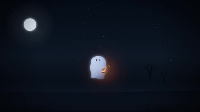 Cute Ghost Character Floating Under Bright Moonlit Night Sky With Glowing Lantern Motion Graphic